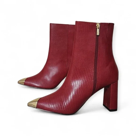 New York & CO Kyla Pointed Toe Bootie 8 New - Red Faux Lizard Leather Embossed - Picture 3 of 11